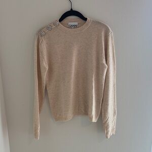 NWT Ganni Beige Crewneck Cashmere Sweater with Crystal Shoulder Buttons